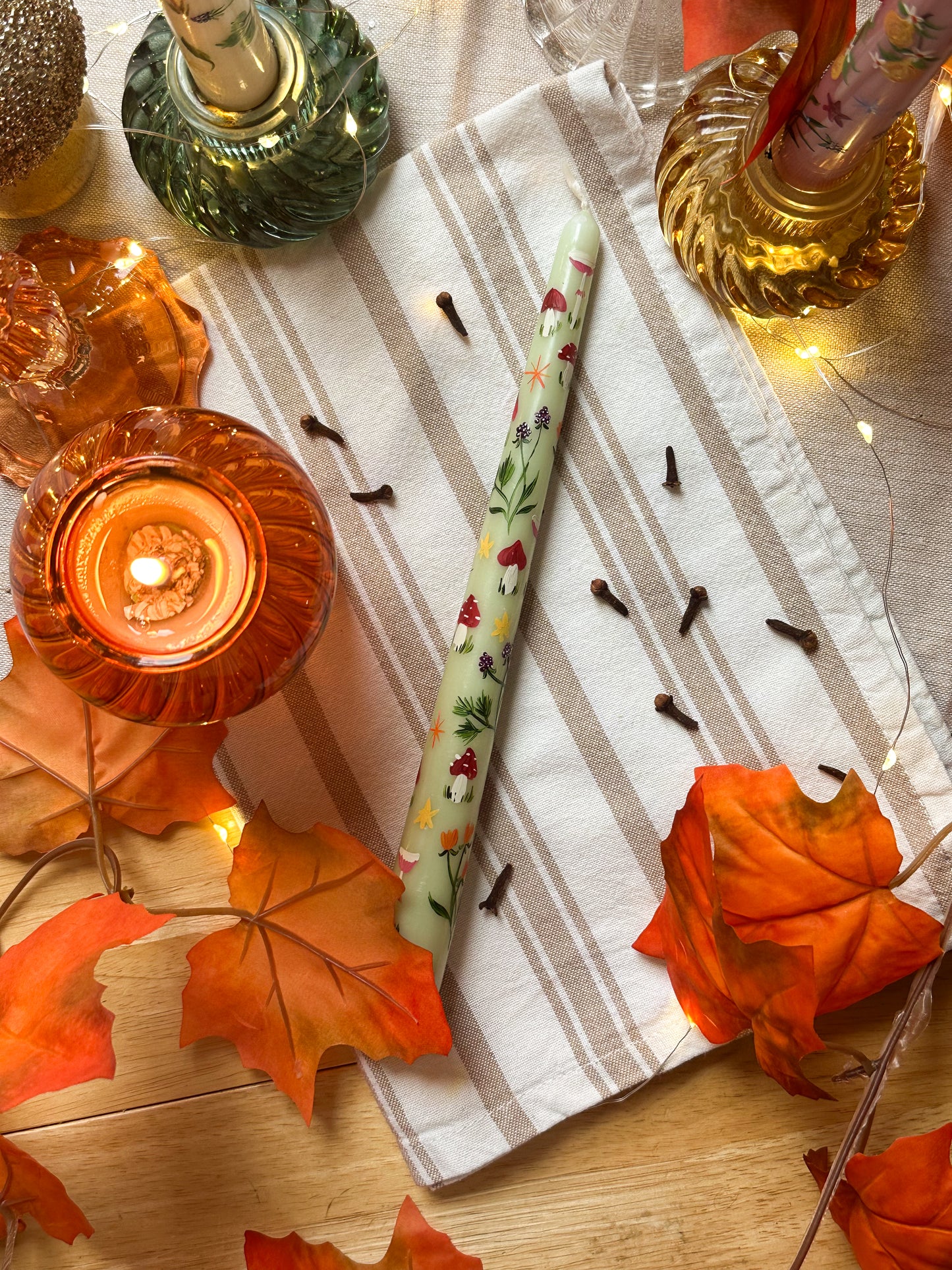 Hand Painted Mushrooms and Autumn Leaves Green Taper Dinner Candle