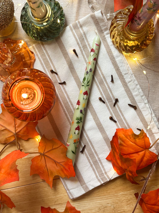 Hand Painted Mushrooms and Autumn Leaves Green Taper Dinner Candle