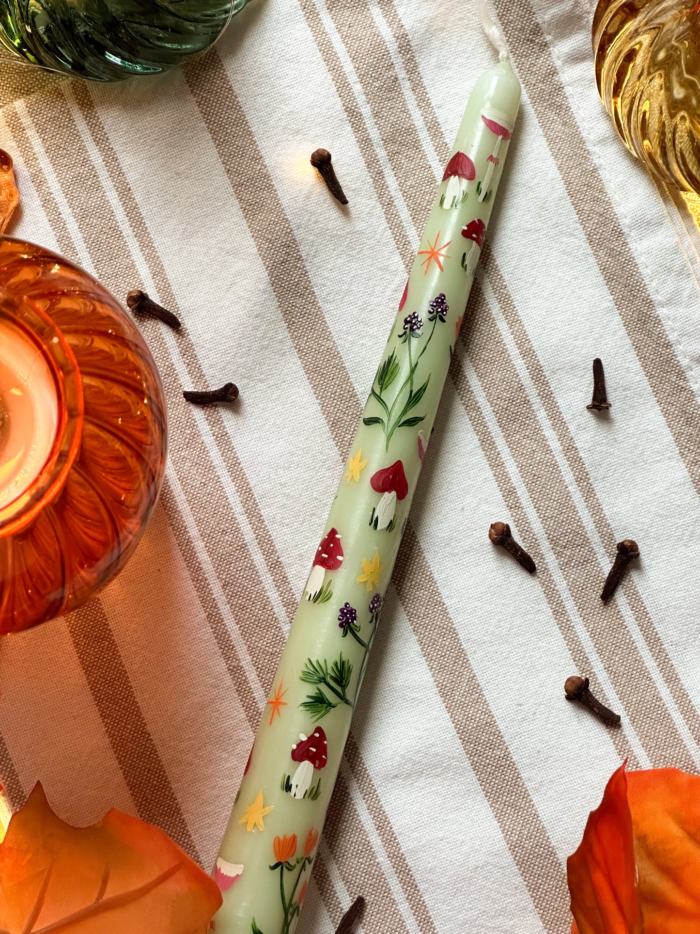 Hand Painted Mushrooms and Autumn Leaves Green Taper Dinner Candle