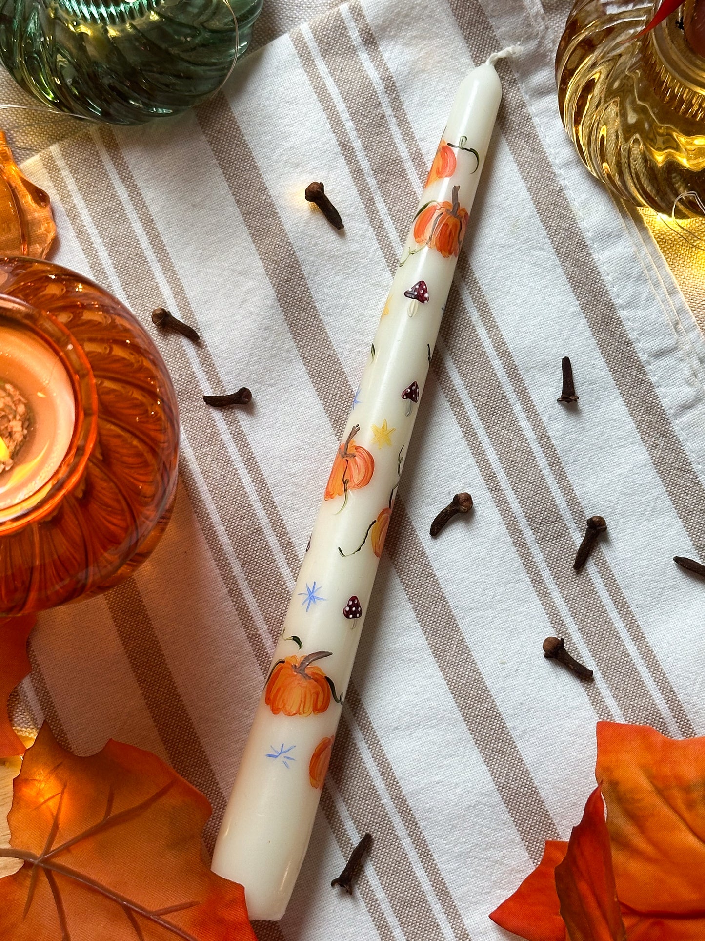 Funky Pumpkins Hand Painted Ivory Taper Dinner Candle