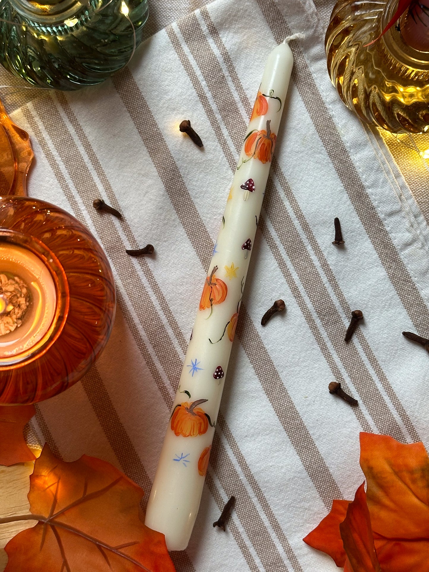 Funky Pumpkins Hand Painted Ivory Taper Dinner Candle