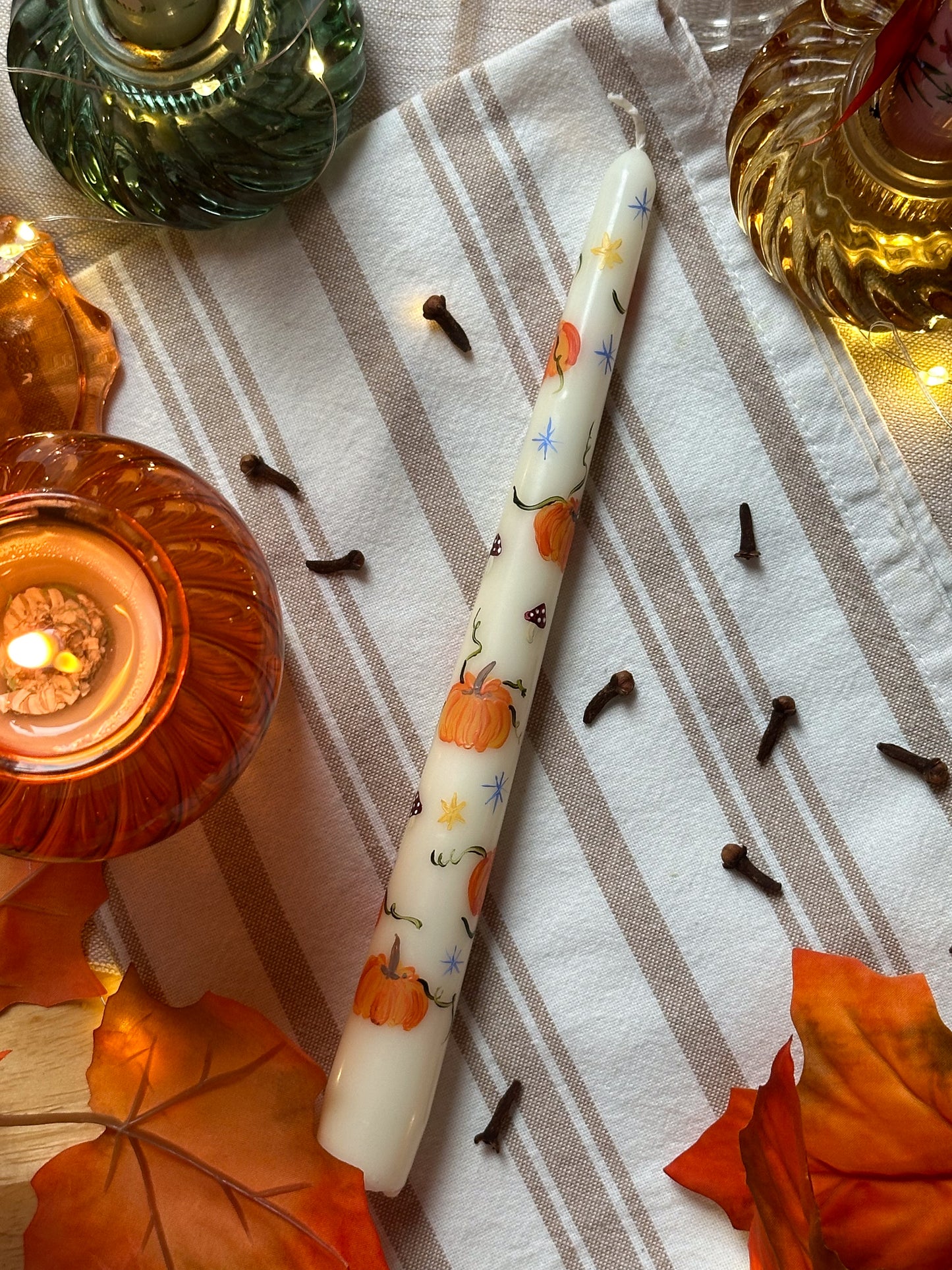 Funky Pumpkins Hand Painted Ivory Taper Dinner Candle