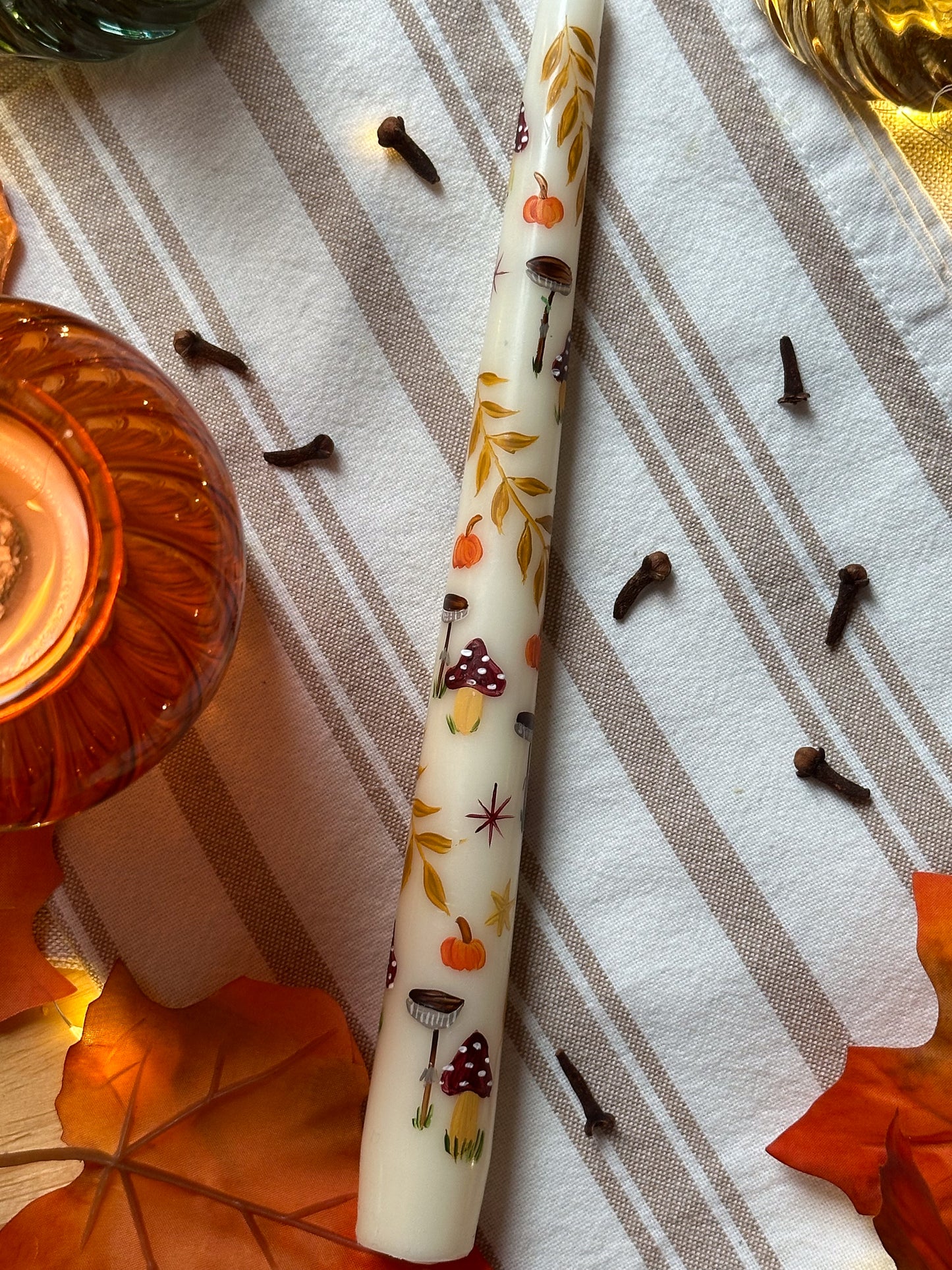 Autumn Harvest & Forest Mushroom Hand-Painted Taper Candle