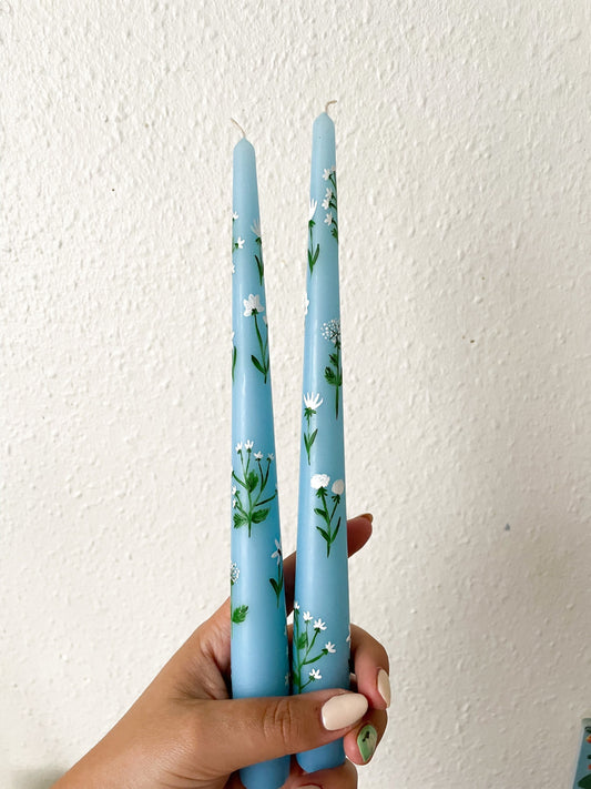 White summer wild flowers Hand painted candle