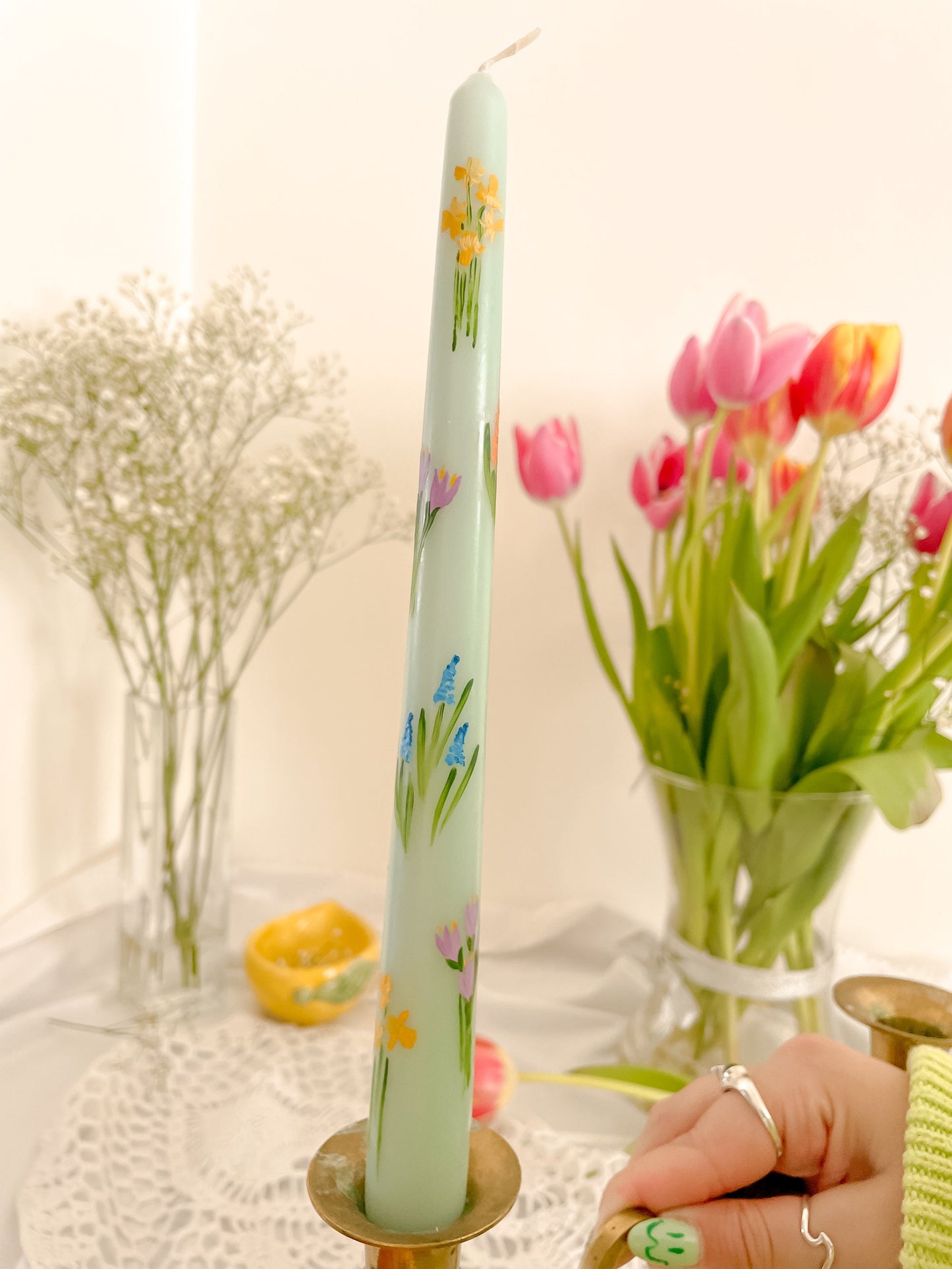 Spring garden hand painted candle
