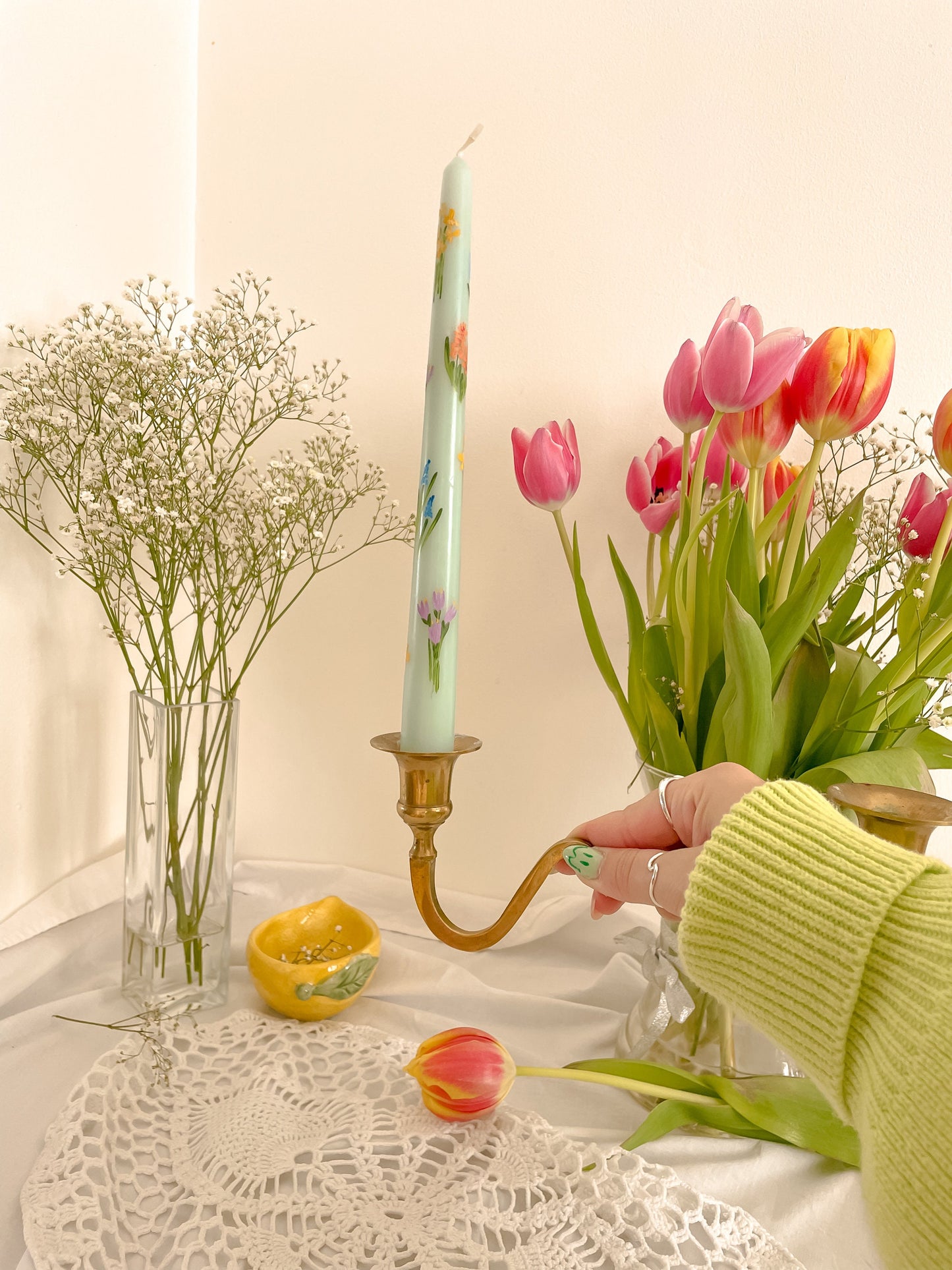 Spring garden hand painted candle
