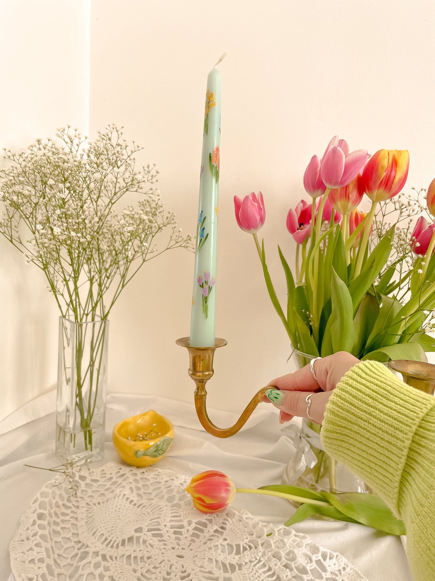 Spring garden hand painted candle
