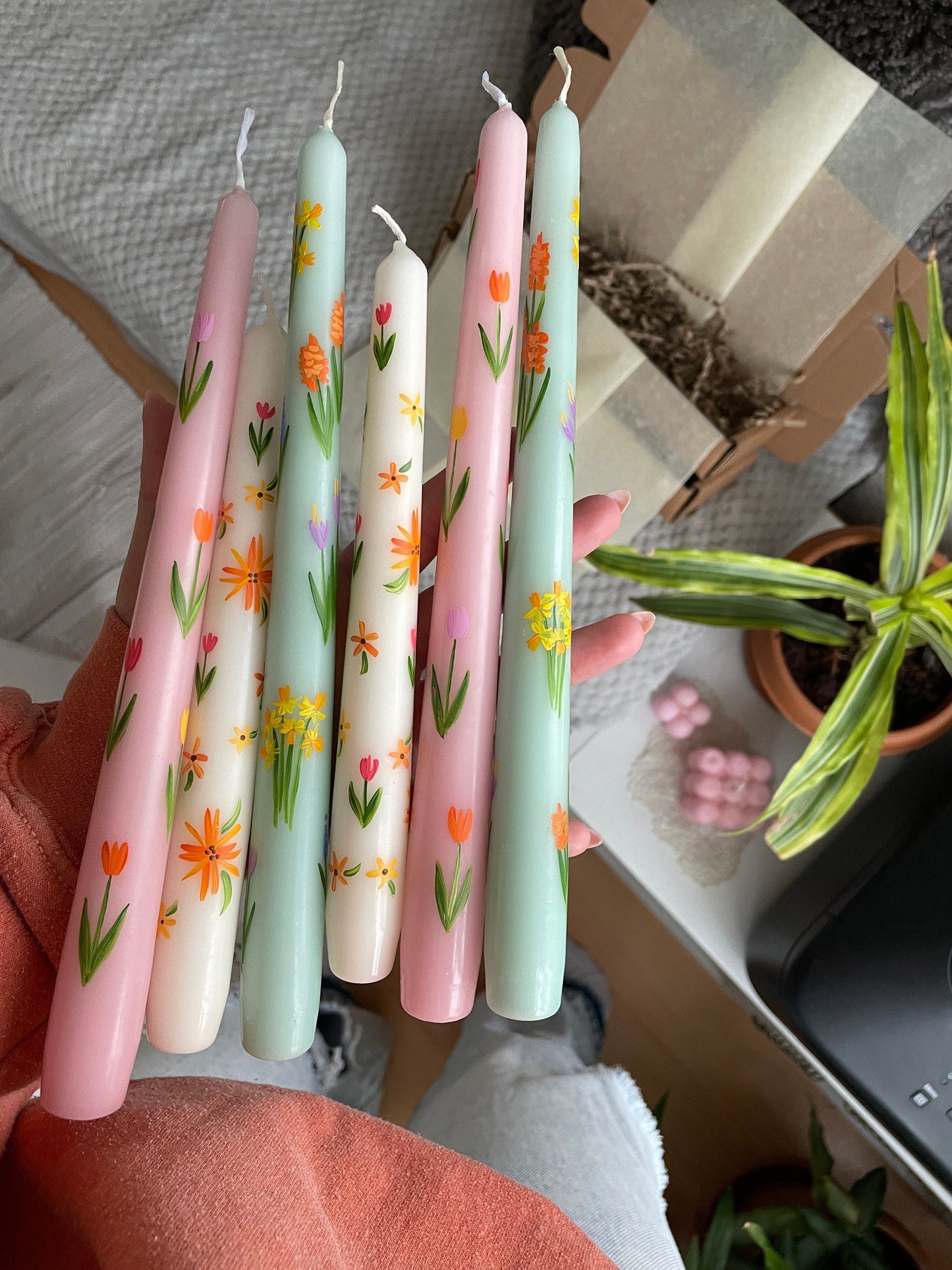 Spring garden hand painted candle