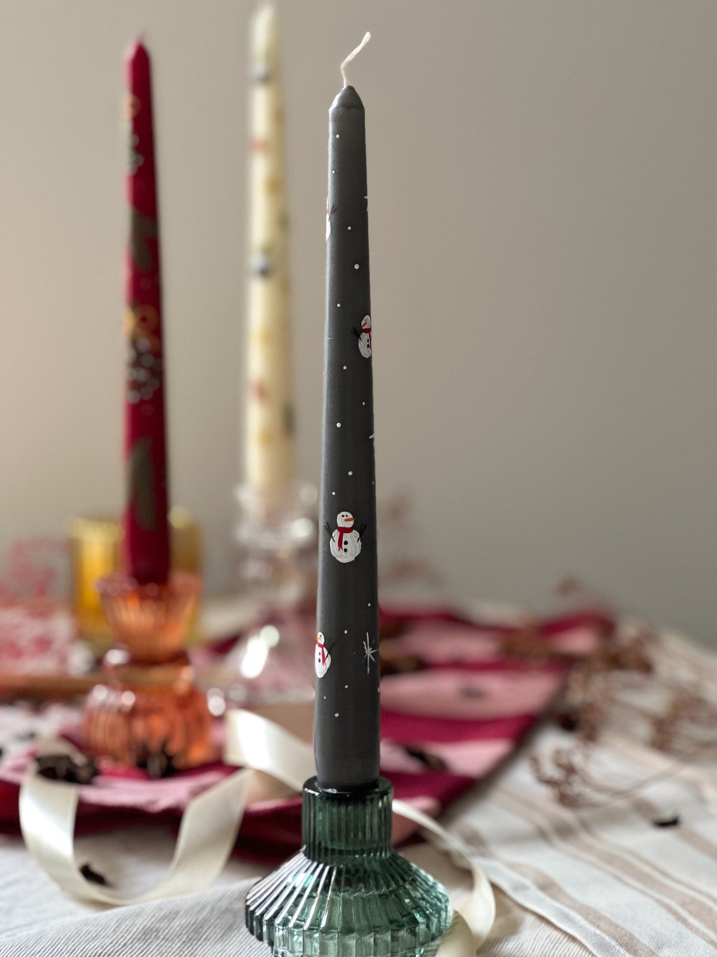 Cosy Snowmen Grey Tapered Candle
