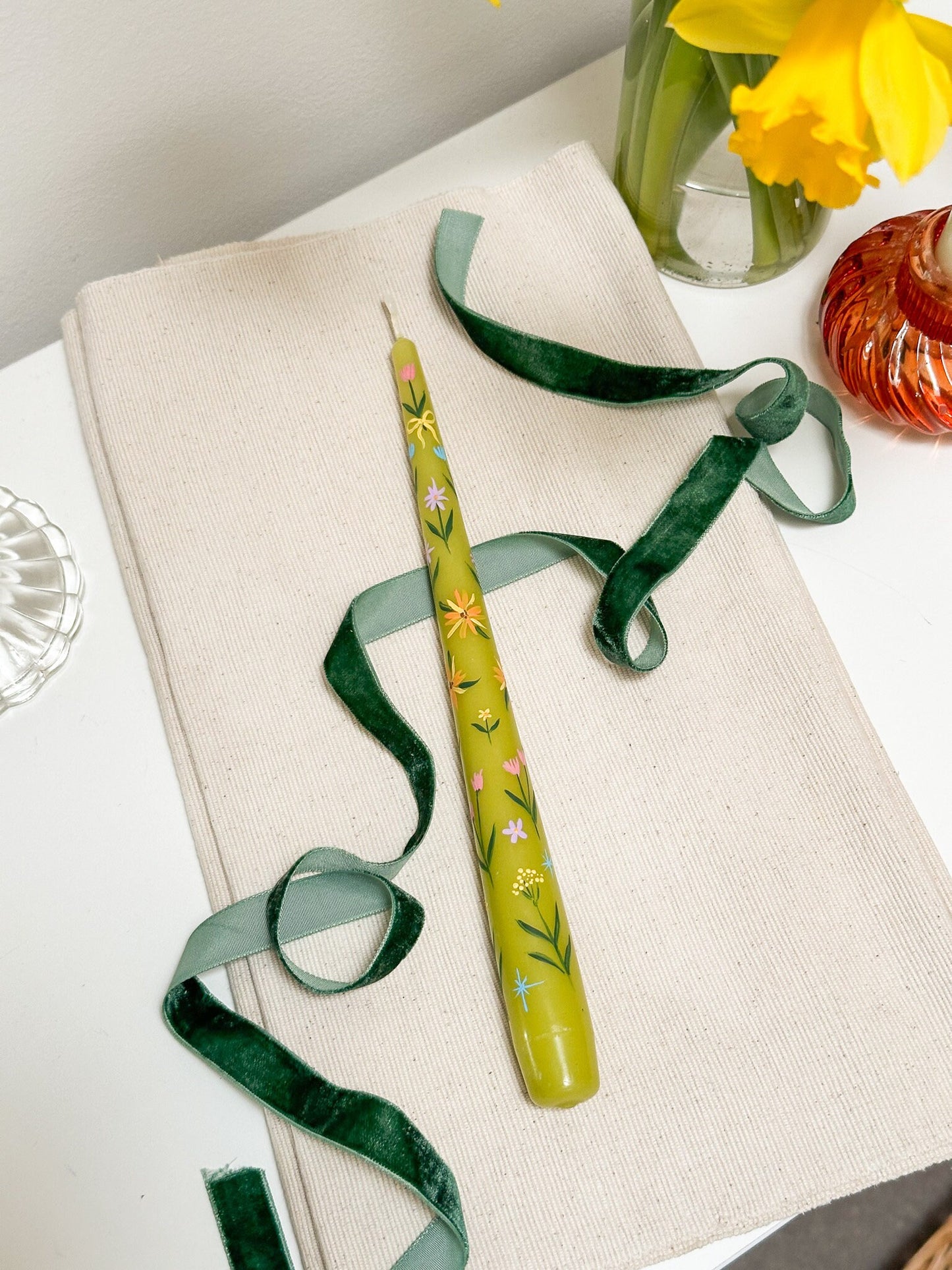 Spring is in the air Hand painted green candle