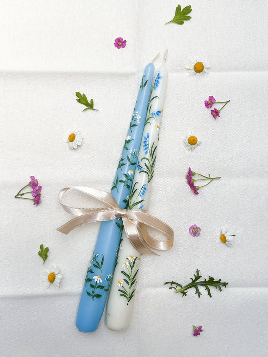 Blue & Ivory Hand Painted Wedding Dinner Candles