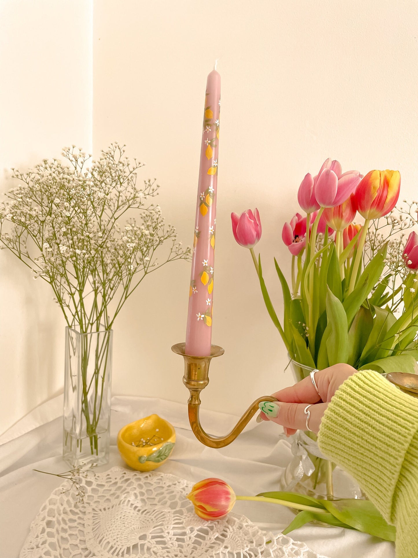 Lemon Squeezy Pink Hand Painted Candle