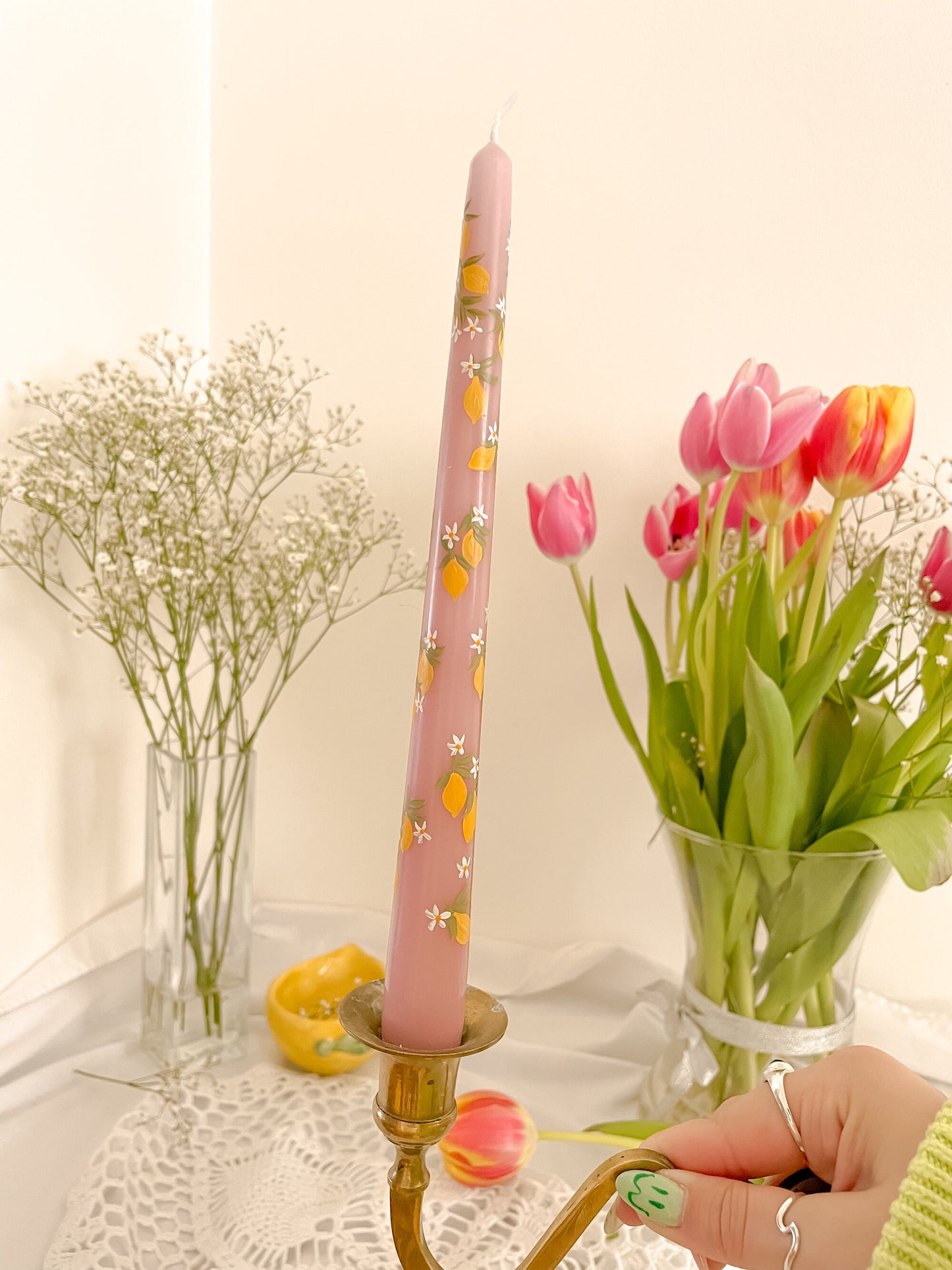 Lemon Squeezy Pink Hand Painted Candle