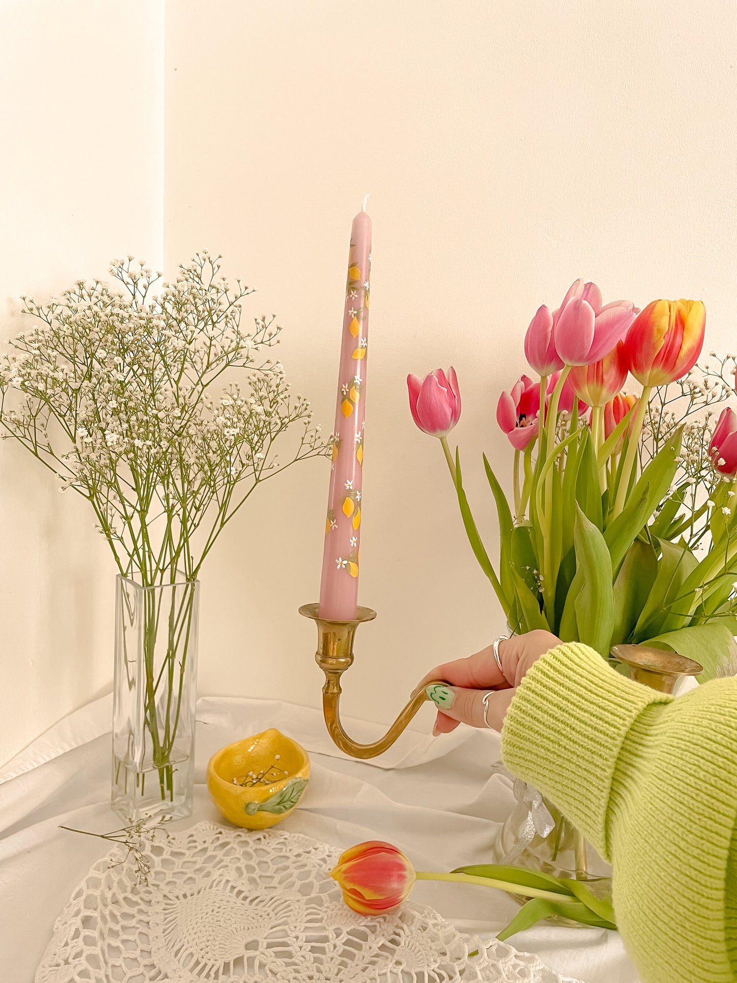 Lemon Squeezy Pink Hand Painted Candle