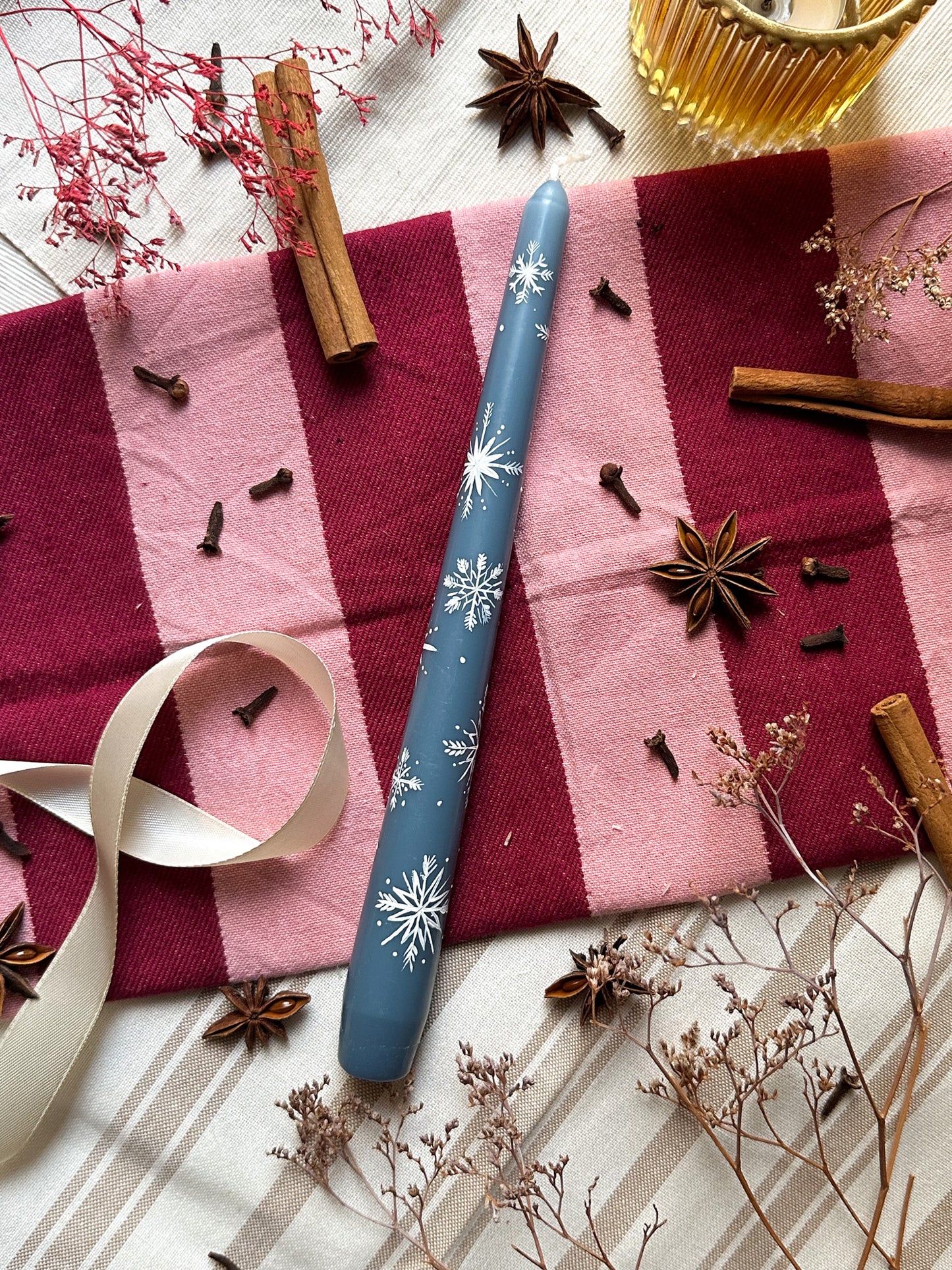 Delicate Snowflakes Hand Painted Candle