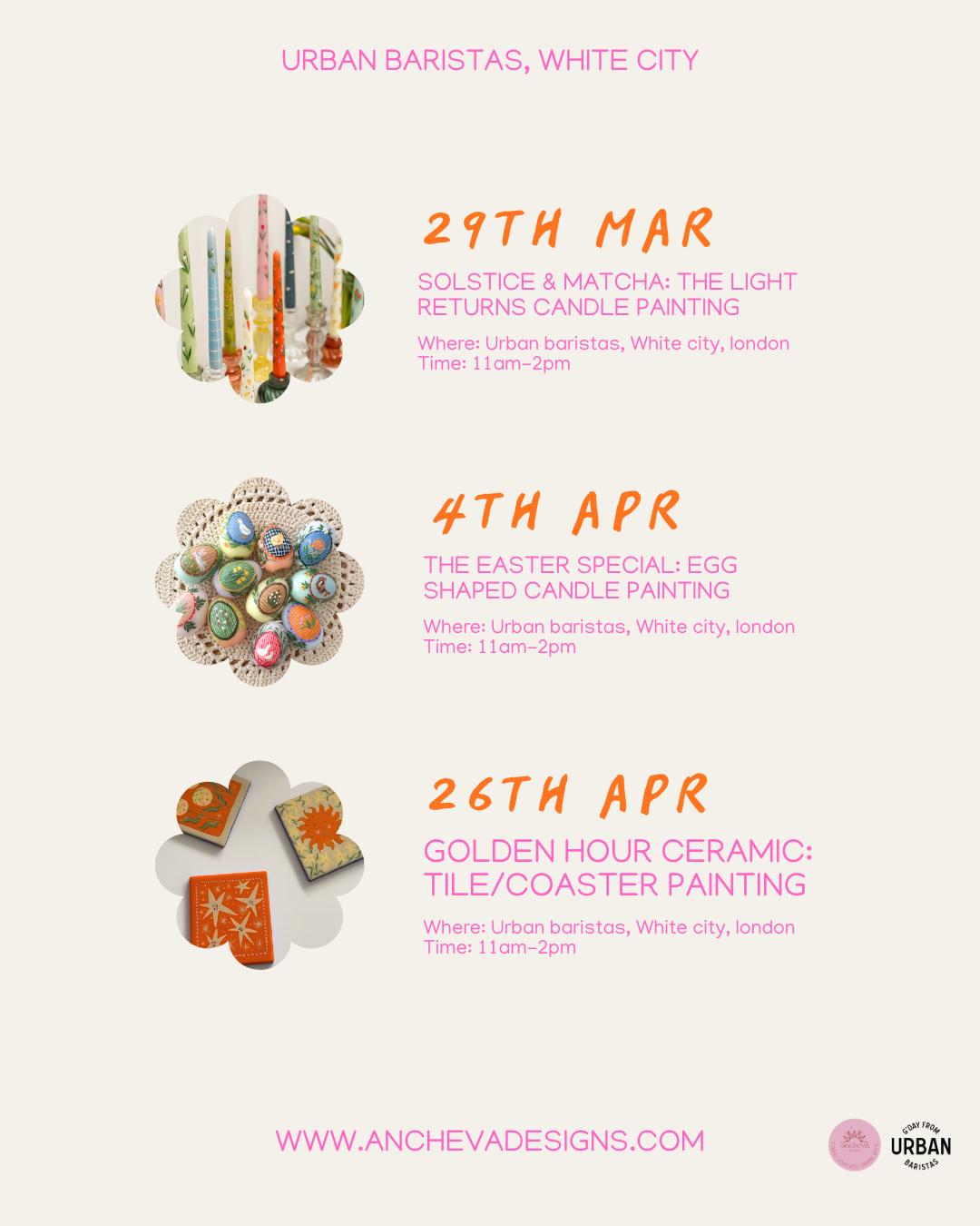 Event schedule for Urban Baristas Art Club featuring three dates: March 29th Candle Painting, April 4th Easter Egg Candle Painting, and April 26th Ceramic Tile Painting