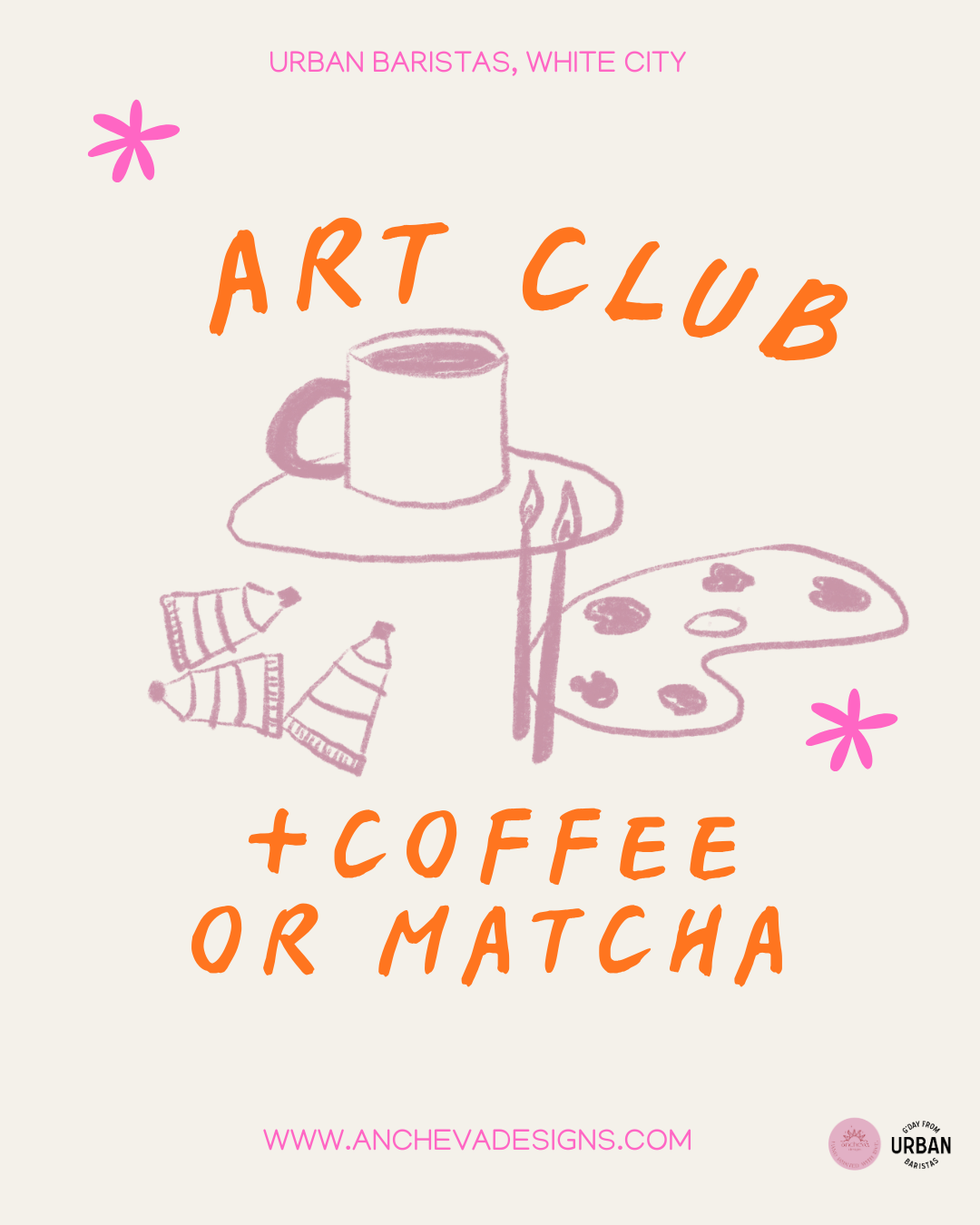Illustration for Urban Baristas Art Club workshop in White City, London, featuring a coffee mug, paint tubes, and an artist's palette with the text "Art Club + Coffee or Matcha.