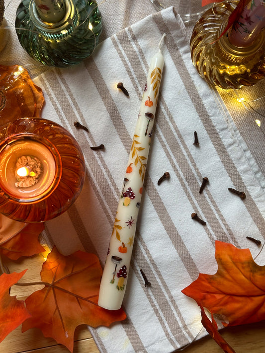 Autumn Harvest & Forest Mushroom Hand-Painted Taper Candle