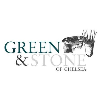 A logo-style graphic reading 'GREEN & STONE OF CHELSIA' with a black-and-white illustration of a stone bowl and a cup holding several sticks, on a plain white background.