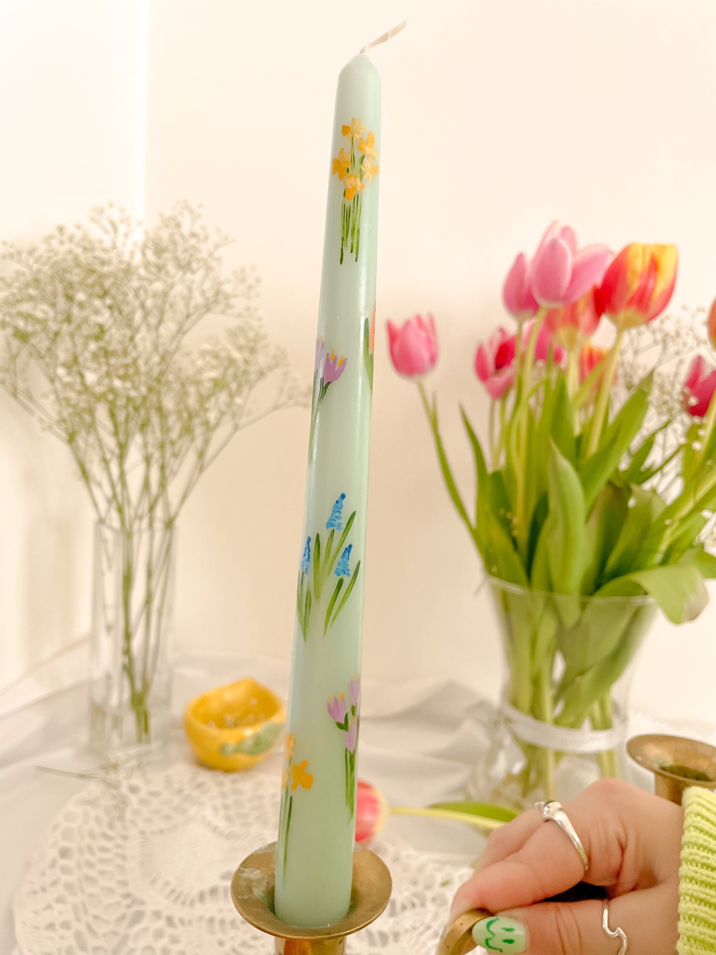 Daffodills & Crocus Spring Hand Painted Candle