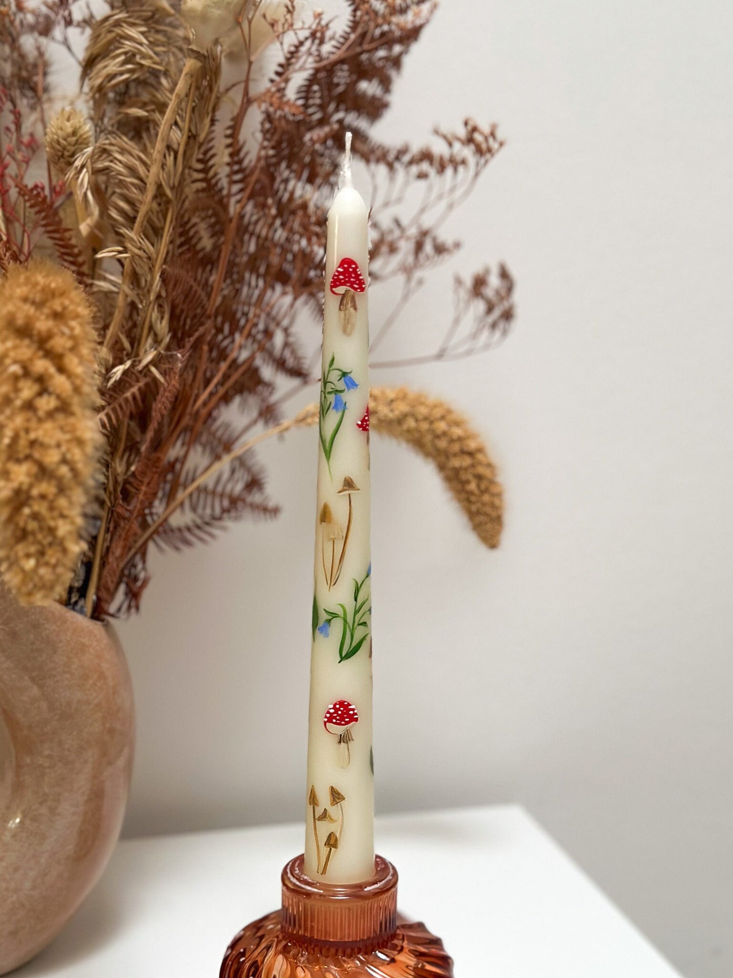 Autumn Wild Flowers and Mushrooms Hand Painted Candle
